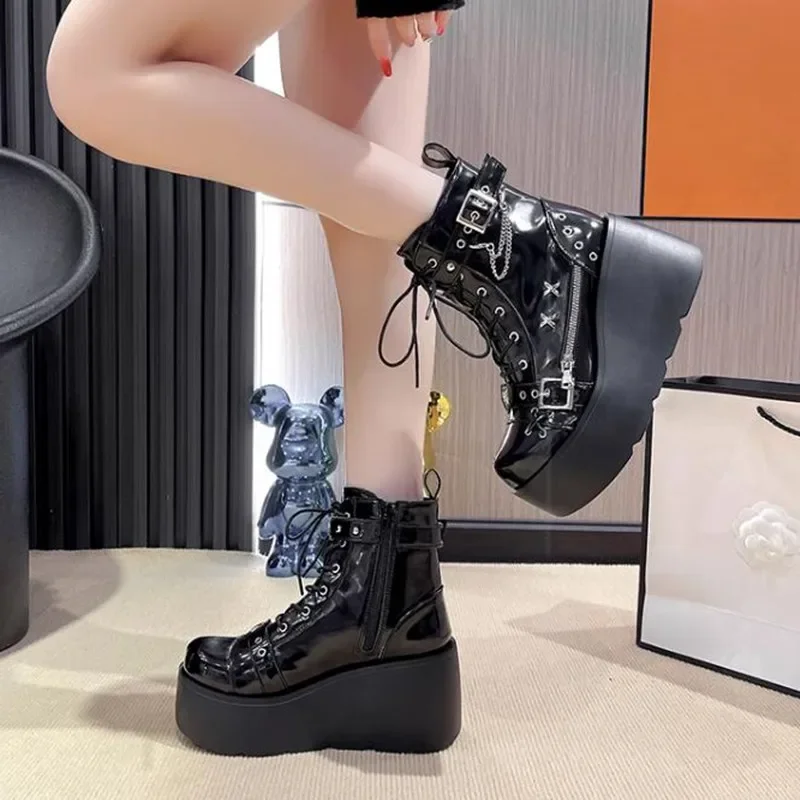 디자이너 여성 플랫폼 고딕 발목 전투 부츠 리벳 체인  - Motorcycle Chain 리뷰 및 가격